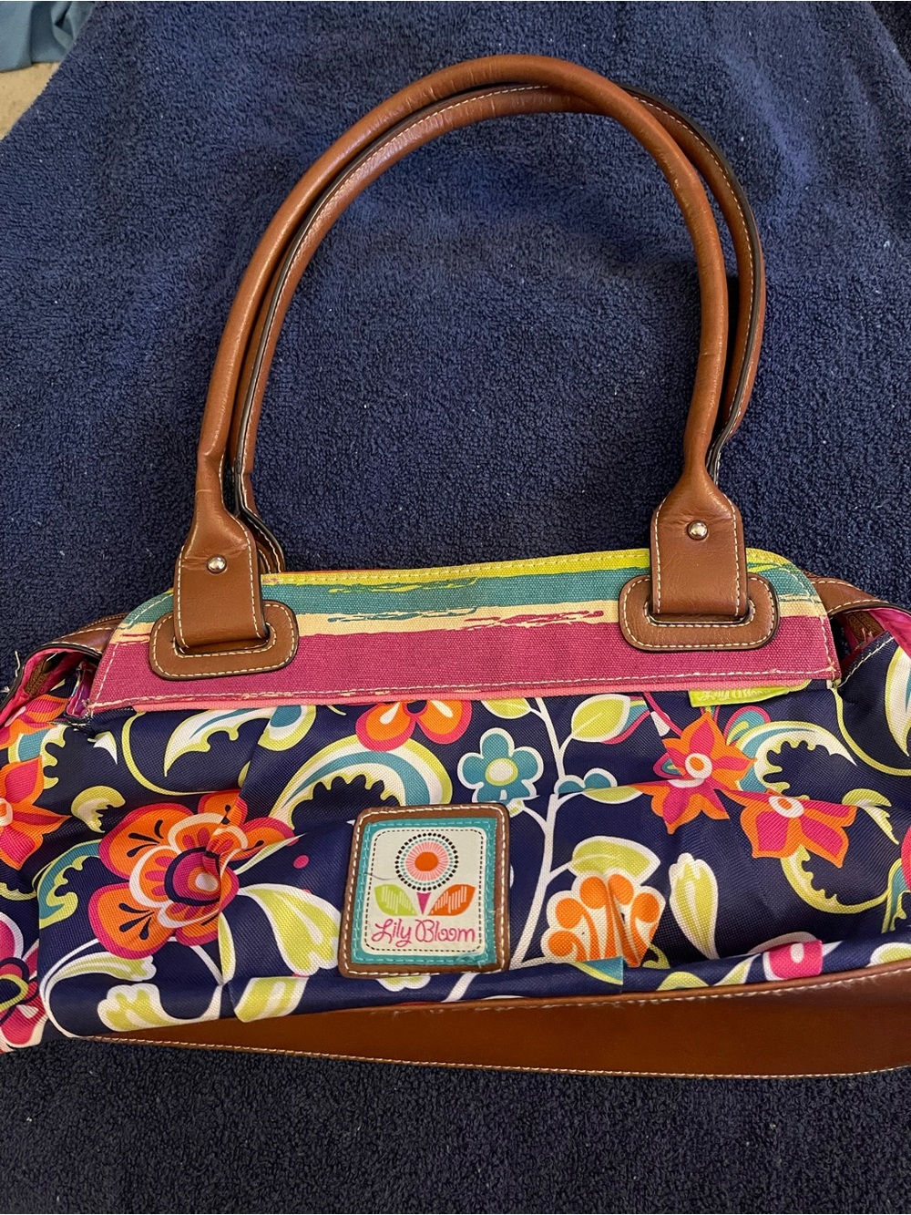 Lily Bloom Navy Floral Shoulder Bag with Brown Trim